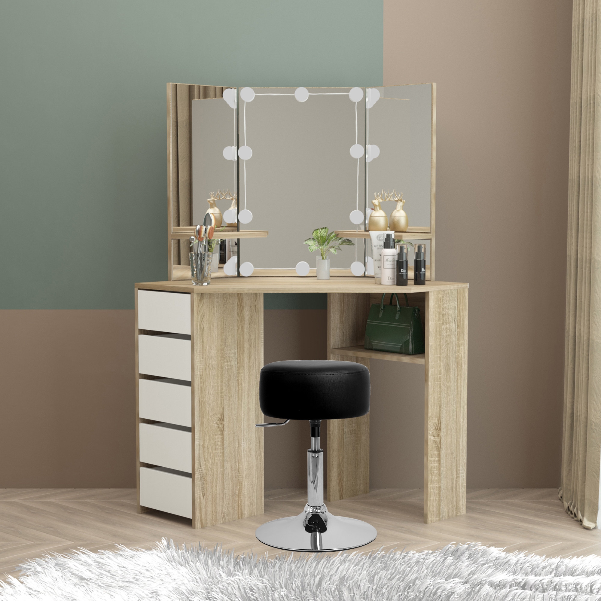 ML DESIGN - Table de coiffeuse maquillage sonoma avec miroir éclairage led  tiroirs étagères 490001130
