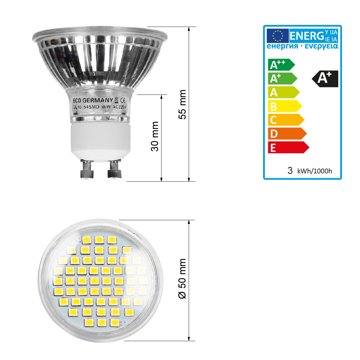 10x3W GU10 MR16 54SMD Kaltweiß/Warmweiß/Neutralweiß LED Lampe Spot