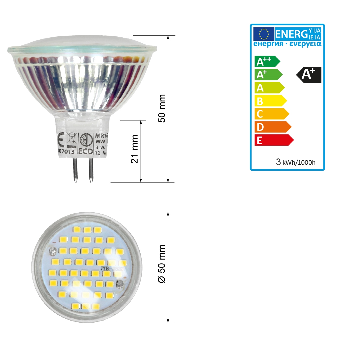 60 LED Spot Strahler MR16 3W Leuchtmittel 12V Lampe Warmweiß 2800K ECD Germany® 