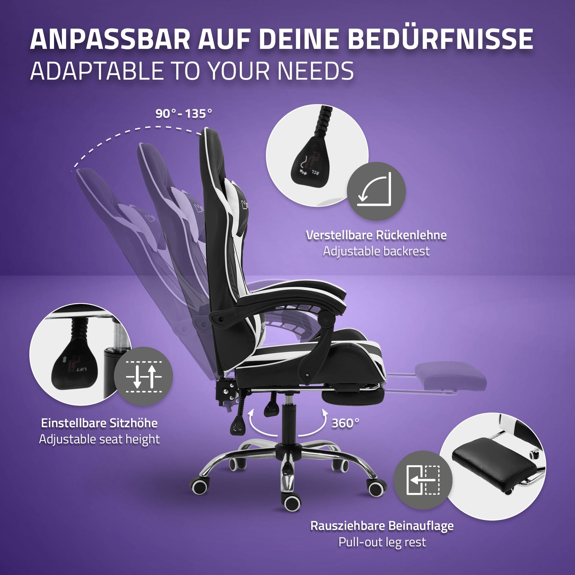 Chaise de bureau fauteuil gaming ergonomique repose-pied/appui-tête  noir-blanc