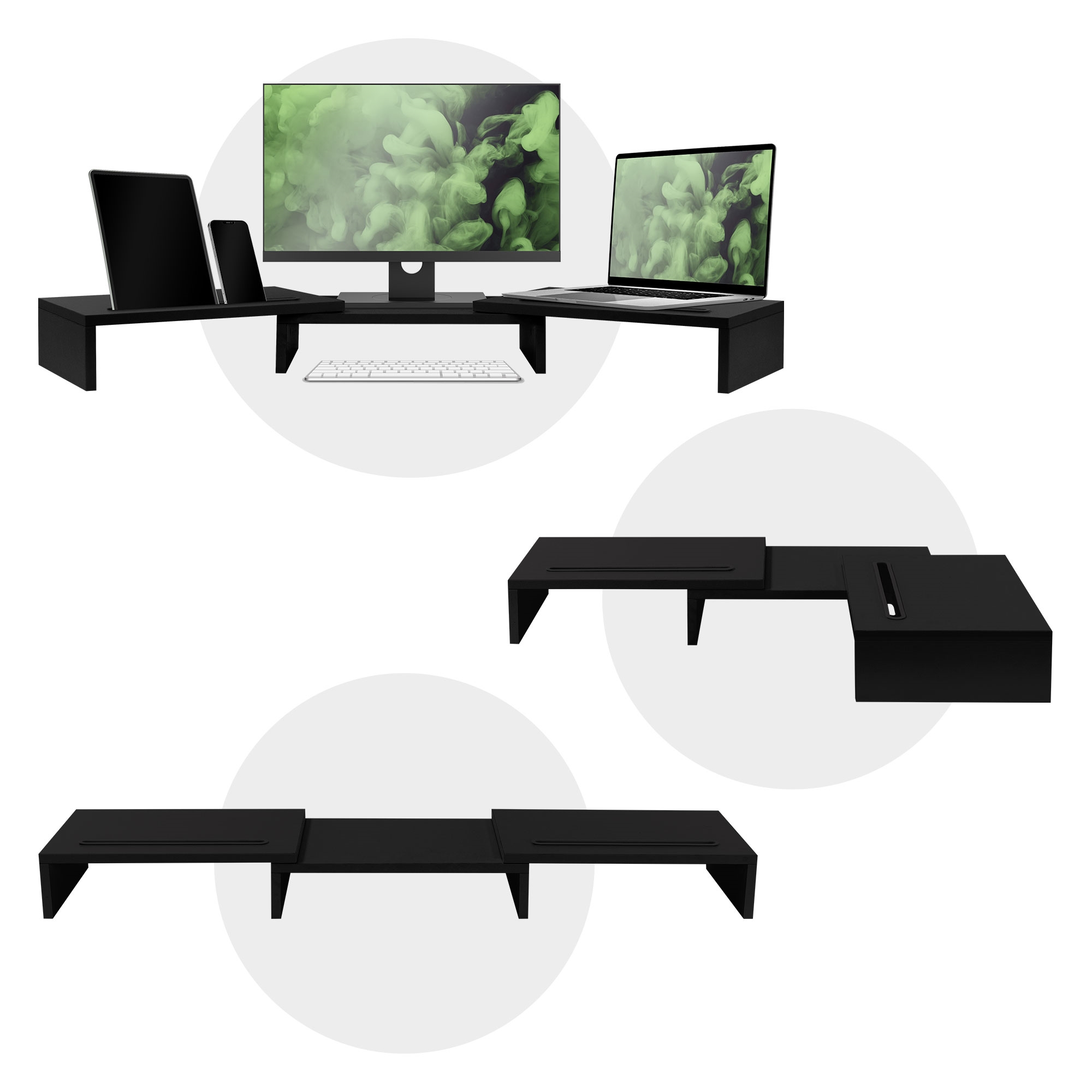 Soporte elevador de monitor doble, soporte para monitor con longitud y  ángulo ajustables, soporte de monitor de madera para escritorio, elevador  de