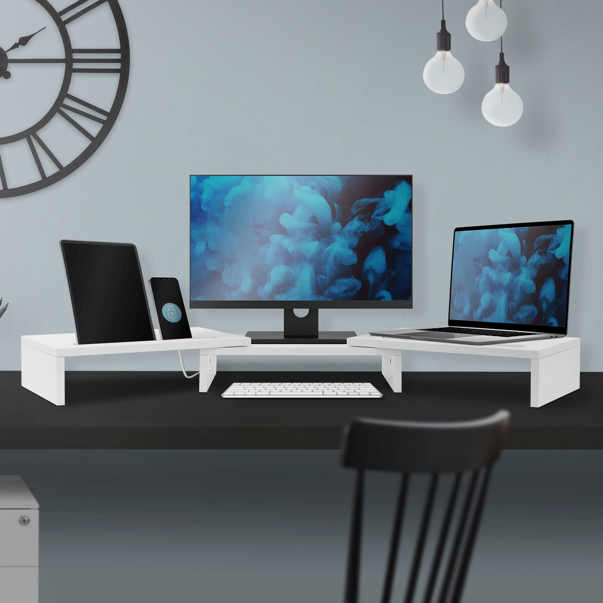 Dual Monitor Stand Riser réhausseur écran réglable support blanc  110x27x10,5 cm