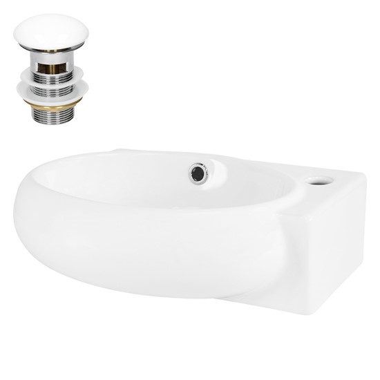 Waschbecken inkl. Ablaufgarnitur mit Überlauf 43x28x15 cm Weiß aus Keramik Hahnloch rechts ML-Design