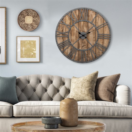 WOMO-DESIGN Orologio da parete rotondo, Ø 92 x 5 cm, colore grigio/quercia,  in ferro e legno di mango