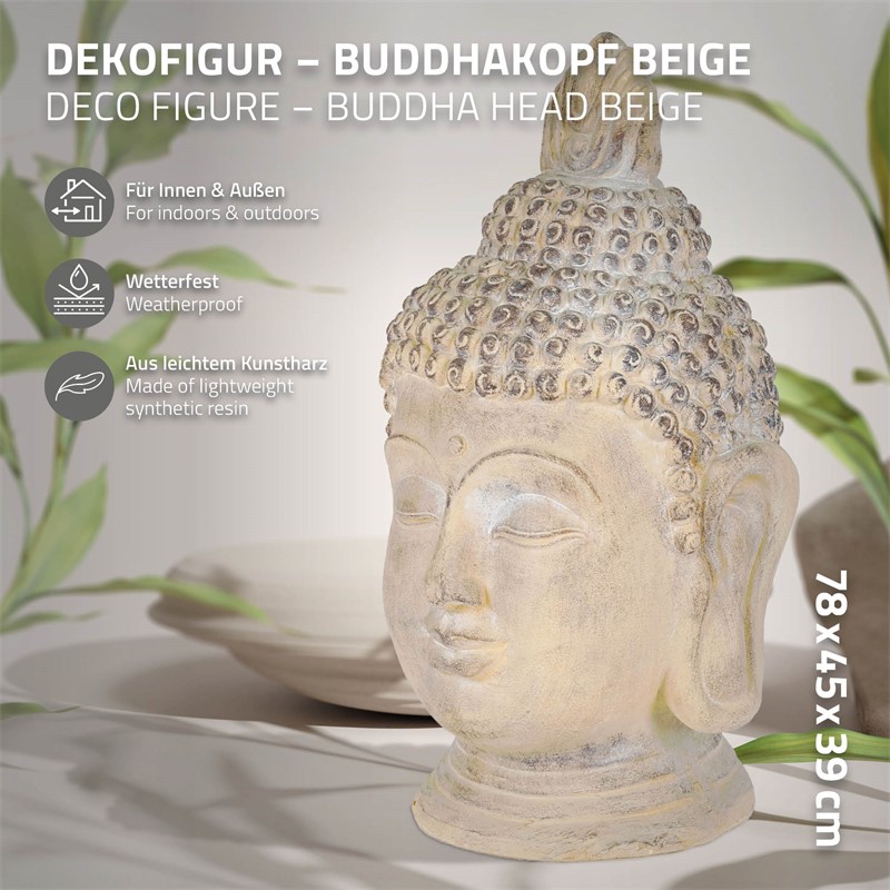 Boeddha hoofd beige/grijs, 45x39x78 cm, gemaakt van gegoten steen Boeddha beeld beige/grijs, 45x39x78 cm, van gegoten steen