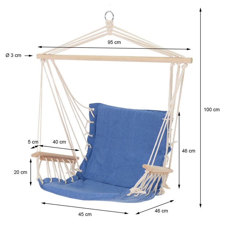 Hangstoel blauw met zitkussen, gemaakt van katoen hardhout, belastbaar tot blauw met zitkussen, gemaakt katoen en hardhout, belastbaar tot 120kg