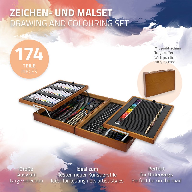 Malkoffer aus Holz 174-Teilig mit Bleistiften, Pinseln, Ölfarben, Ölpastellkreide aufklappbar uvm