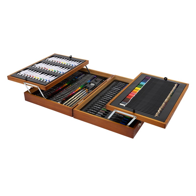 Malkoffer aus Holz 174-Teilig mit aufklappbar Pinseln, Ölfarben, Bleistiften, Ölpastellkreide uvm