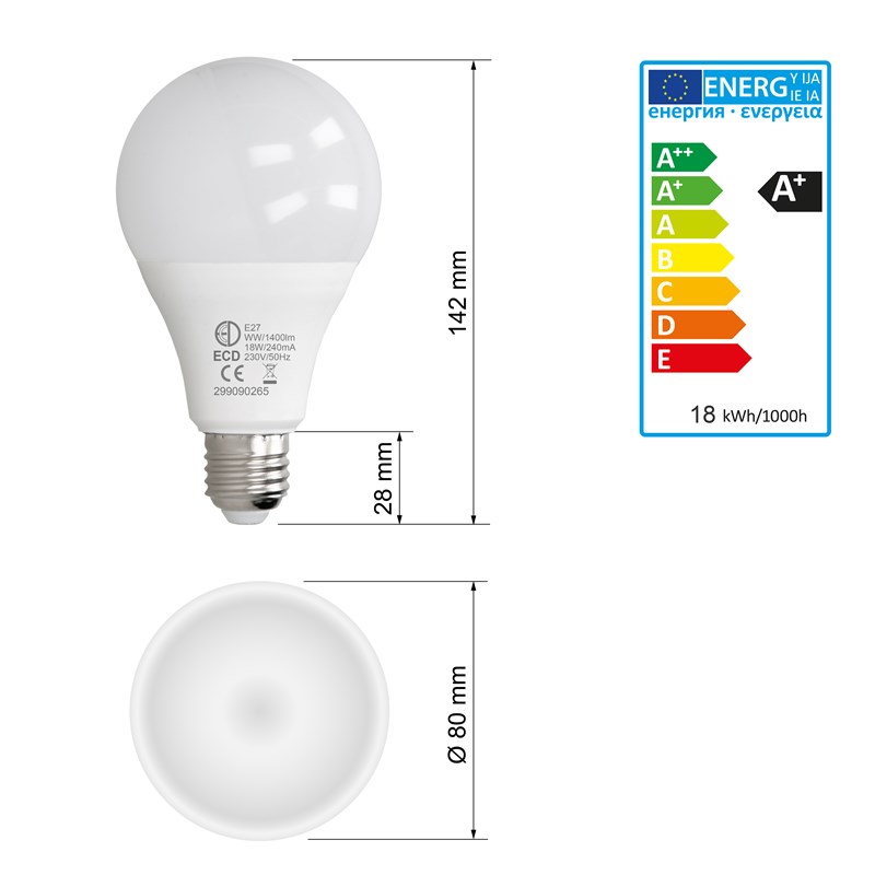 ECD Germany E27 LED ampoule lampe éclairage 18W blanc chaud