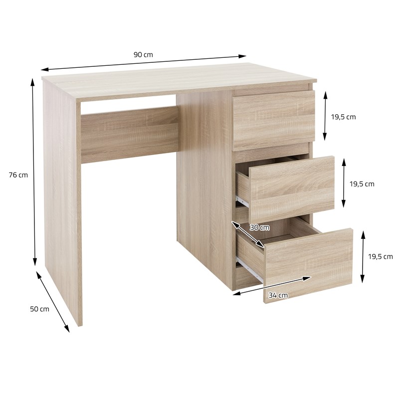 Työpöytä kolmella laatikolla 90x76x50 cm Sonoma tammi puu ML-Design