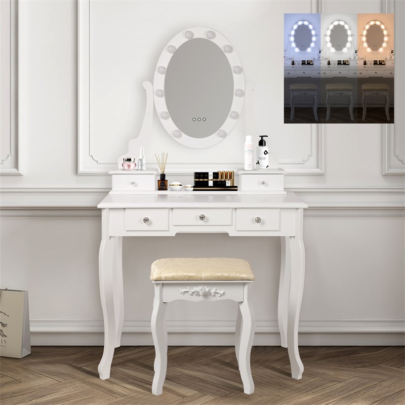 Table de maquillage avec miroir et led coiffeuse moderne + tabouret gris  clair ML DESIGN