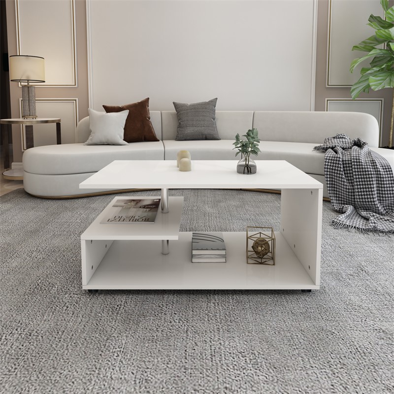 Sohvapöytä, jossa on hyllyt 3 tasolla ja metallinen koristetanko 91x41x52,6  cm Valkoinen lastulevy ML-Design