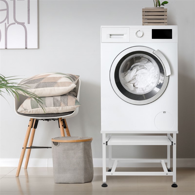 Support de machine à laver avec étagère extensible Blanc en acier