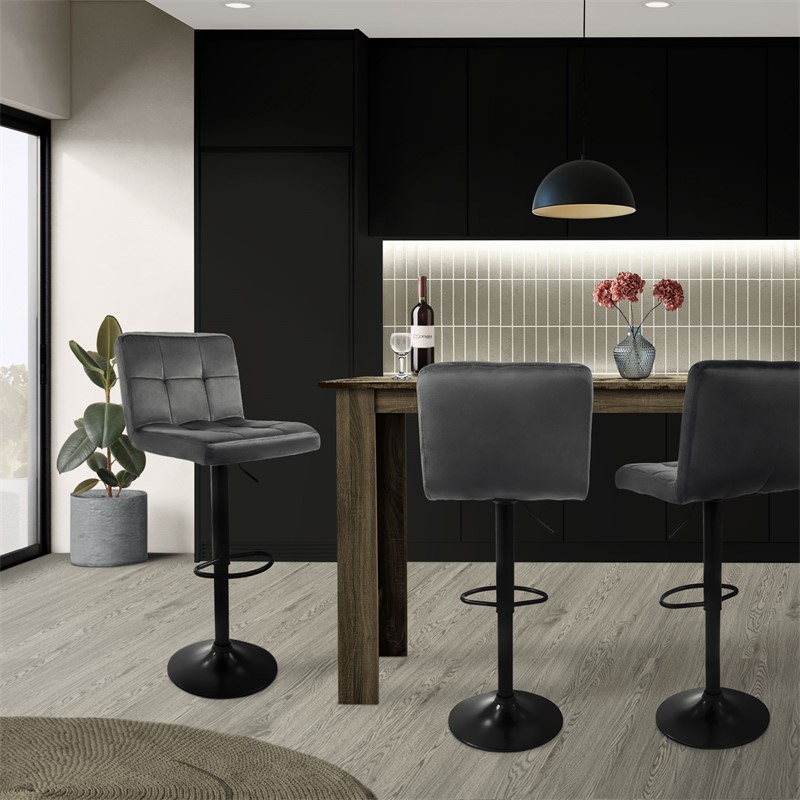 Set di 2 sgabelli da bar in velluto grigio con schienale e poggiapiedi  regolabili in altezza 63-83 cm ML-Design