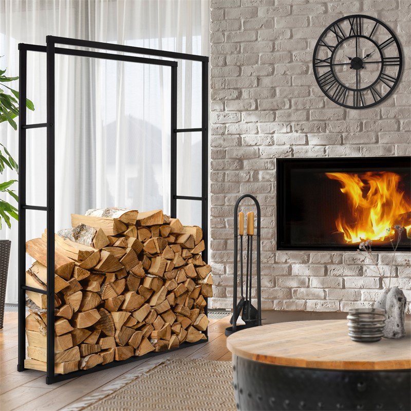 Étagère à bois de cheminée 100x150x25 cm Noir en métal ML-Design